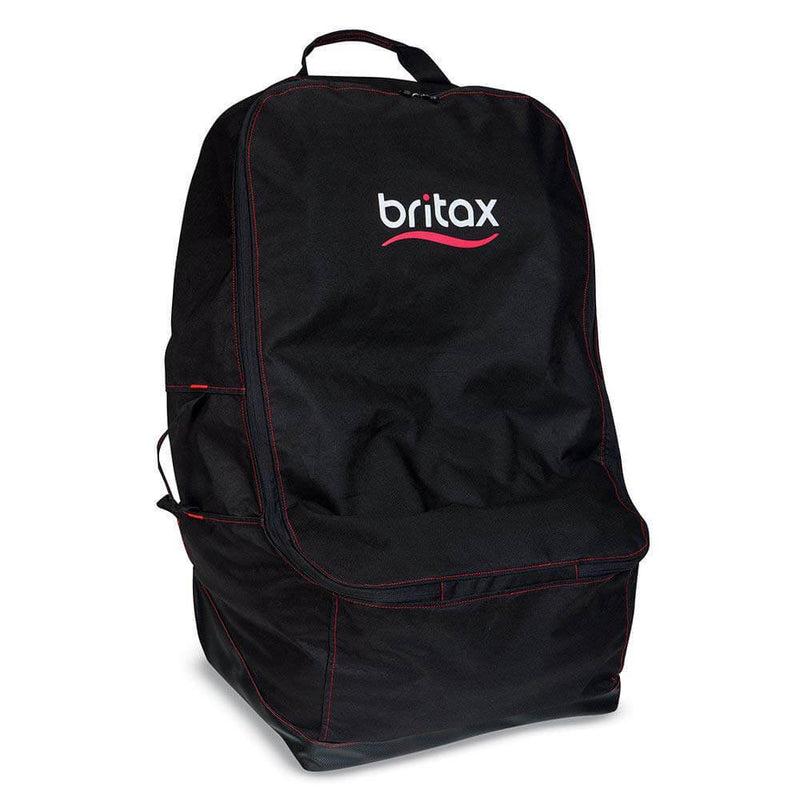 The Britax Safe-n-Sound Car Seat Travel Bag is black with red trim, features a top handle and the Britax logo on the front, and is designed to conveniently carry and protect your car seat.