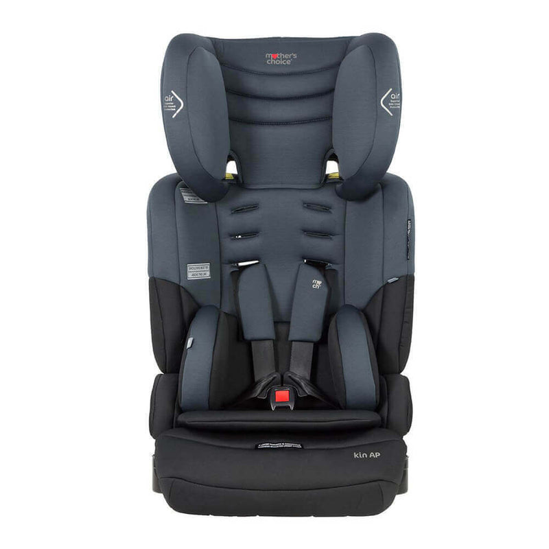 The Mothers Choice Kin AP Convertible Booster Seat features a dark grey and black design, adjustable headrest, padded sides for side impact protection, multiple harness slots, and a red front buckle release button.