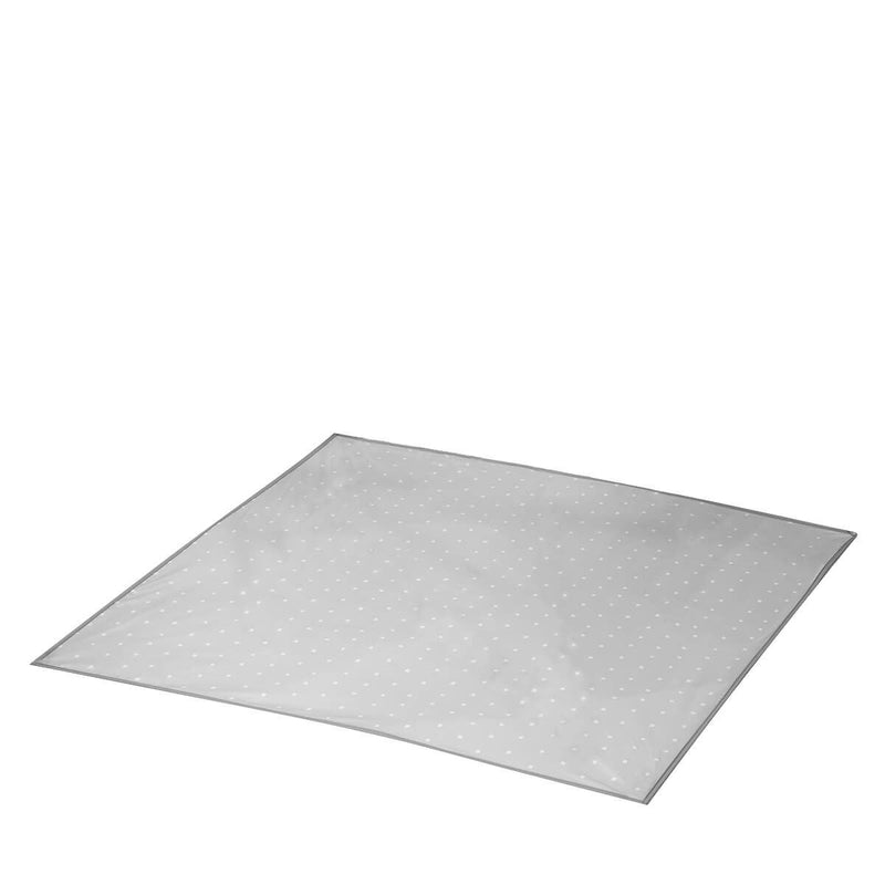 The Mothers Choice Messy Mat by Mothers Choice is a transparent, square floor protector with small white grid dots—ideal under a highchair or as a messy mat. Shown on a white background.