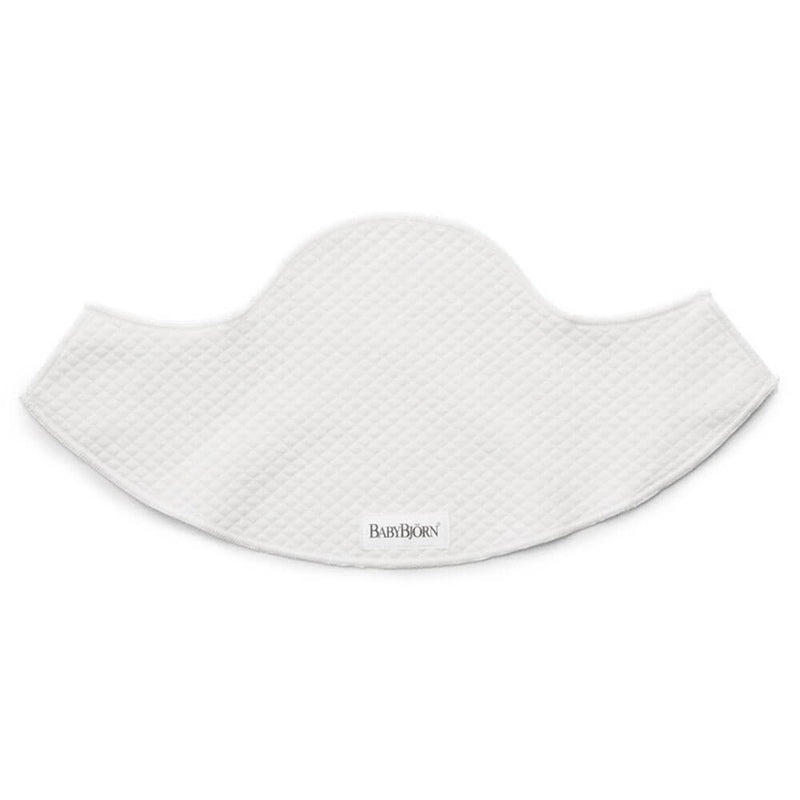 The BabyBjorn Carrier Mini & Move Bib is a white, textured, semi-circular absorbent bib with curved edges and "BabyBjorn" in gray at the bottom—an ideal waterproof accessory for your baby carrier.