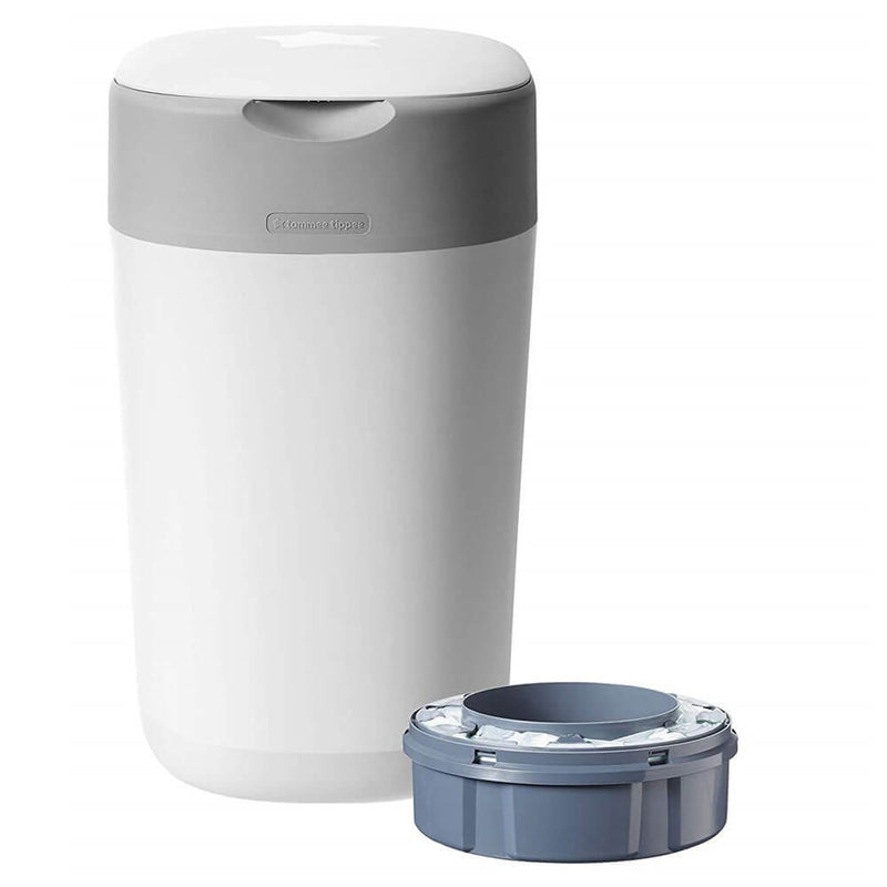 The Tommee Tippee Twist & Click Nappy Disposal Bin in white and grey, shown with a circular refill cartridge, features a closed lid and anti-bacterial film for odour control.