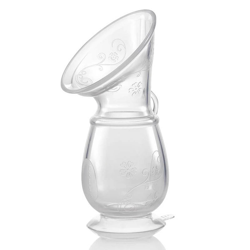 The Pigeon Milk Saver Pump by Pigeon is a clear silicone collector with a floral pattern, wide angled mouth, bulb-shaped body, and suction base—ideal for effortless breast milk collection.