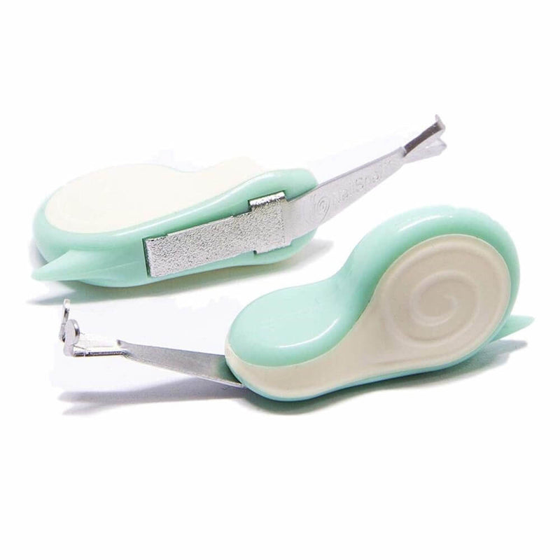 Two mint green and white Nail Snail Baby Nail Trimmers by Nail Snail, featuring metal tips for foot care and safe baby nail clipping, are shown on a white background—ideal for gentle grooming.