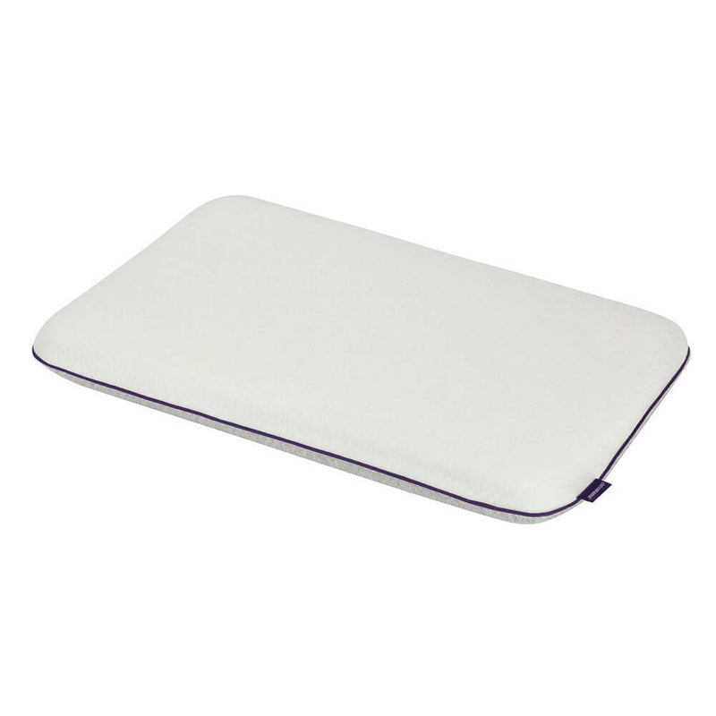 The ClevaMama Junior Pillow by Clevamama is a rectangular white memory foam pillow with rounded edges and dark trim, designed for kids. Hypo-allergenic, it provides comfort and safety for young sleepers. Displayed on a white background.