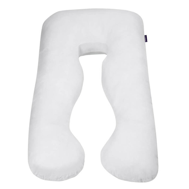 The ClevaMama Therapeutic Body & Bump Maternity Pillow by Clevamama is a large white U-shaped pillow with two long, curved sides and a rounded base, designed for full-body support during sleep or lounging.