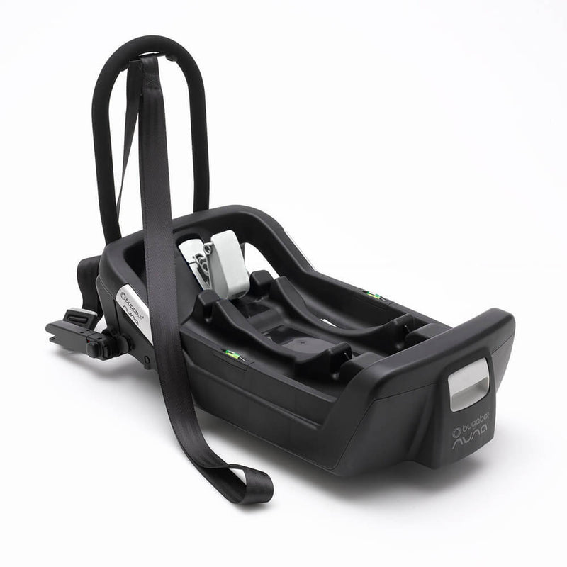 A black Bugaboo Turtle by Nuna Isofix Base with a reclined support leg, safety latches, and a long strap is shown on a white background. The “Bugaboo” brand is visible; compatible with Bugaboo Turtle and Nuna Baby Capsule car seats.