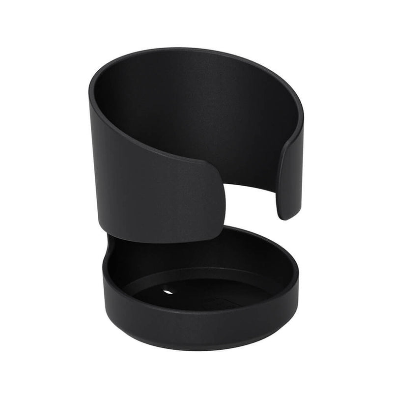 The Thule Stroller Cup Holder by Thule is a black, cylindrical drink holder with an open side, designed to securely hold cups or bottles on your stroller. It is shown against a white background.