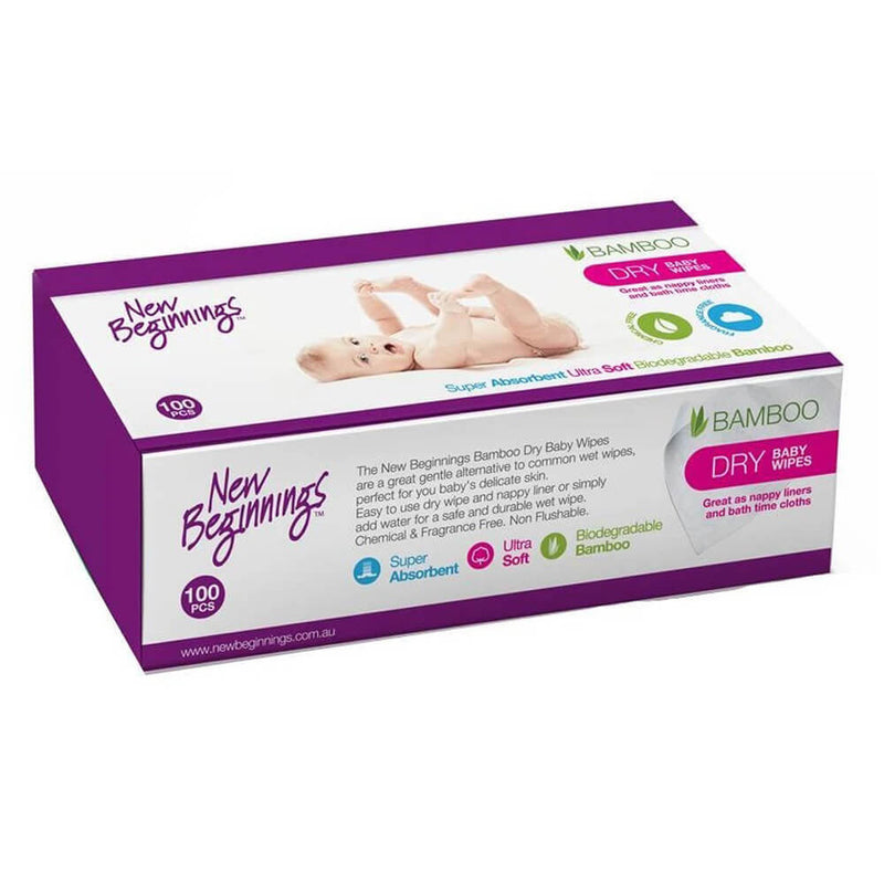 A box of New Beginnings Dry Wipes by New Beginnings with 100 chemical-free, biodegradable wipes made from super absorbent, ultra-soft eco-friendly bamboo. Features a purple-white design and baby image.