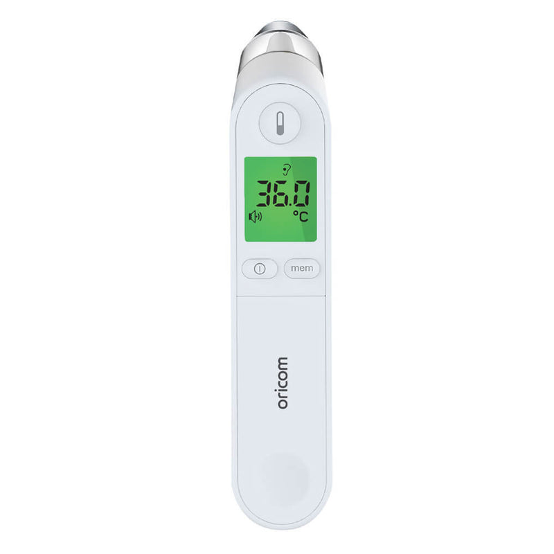 The Oricom IET400 In Ear Thermometer is a white digital infrared device with a green backlit display showing 36.0°C. It offers fast, accurate temperature detection and features power and memory function buttons, with the Oricom logo displayed.