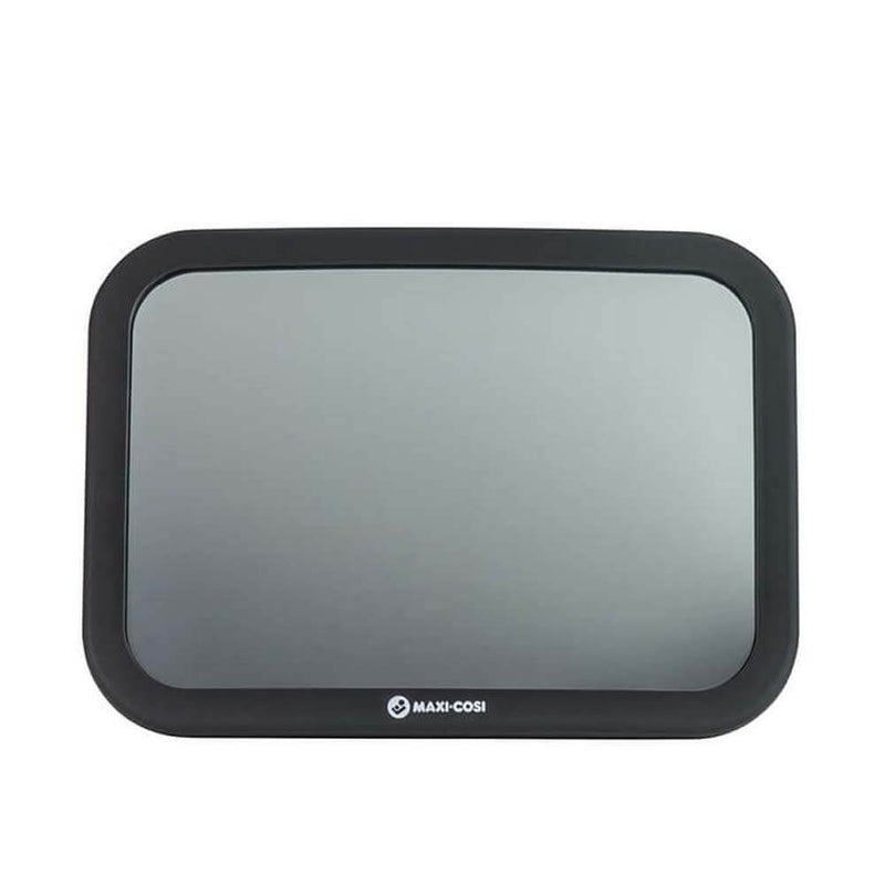 The Maxi Cosi Back Seat Mirror, by Maxi Cosi, is a rectangular black-framed car accessory designed to help drivers view rear-facing children in their car seat. The mirror reflects a simple, neutral background.