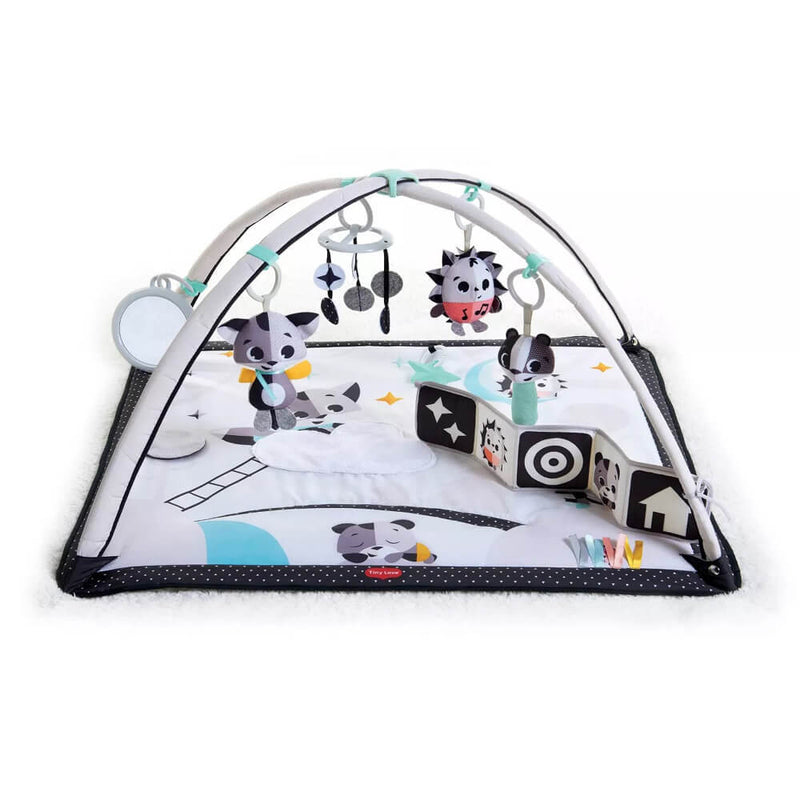The Tiny Love Magical Tales Gymini by Tiny Love is a black and white baby gym featuring a padded mat, arches with plush toys, a mirror, soft blocks, and animal designs—perfect for tummy time and developmental play.