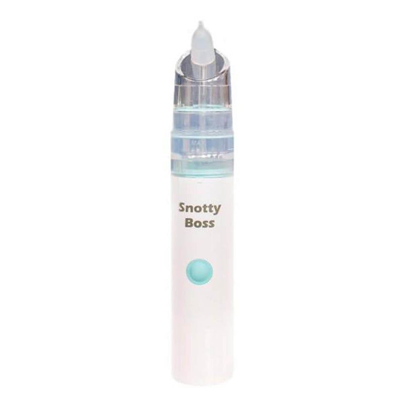 The Snotty Boss Nasal Aspirator Kit by Snotty Boss, a white and light blue motorised baby nasal aspirator, stands upright against a plain white background.