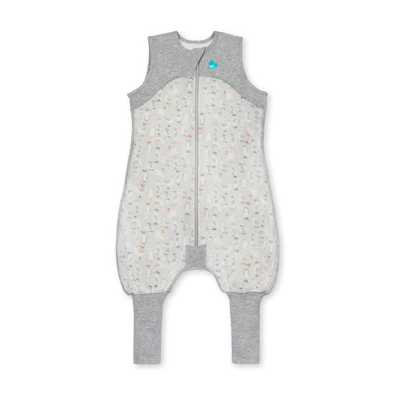 The Love To Dream Organic Sleep Suit 0.2 Tog by Love To Dream is a gray and white sleeveless baby suit with long leg cuffs, a front zipper, and an animal print—ideal as a cozy wearable blanket for your little one.