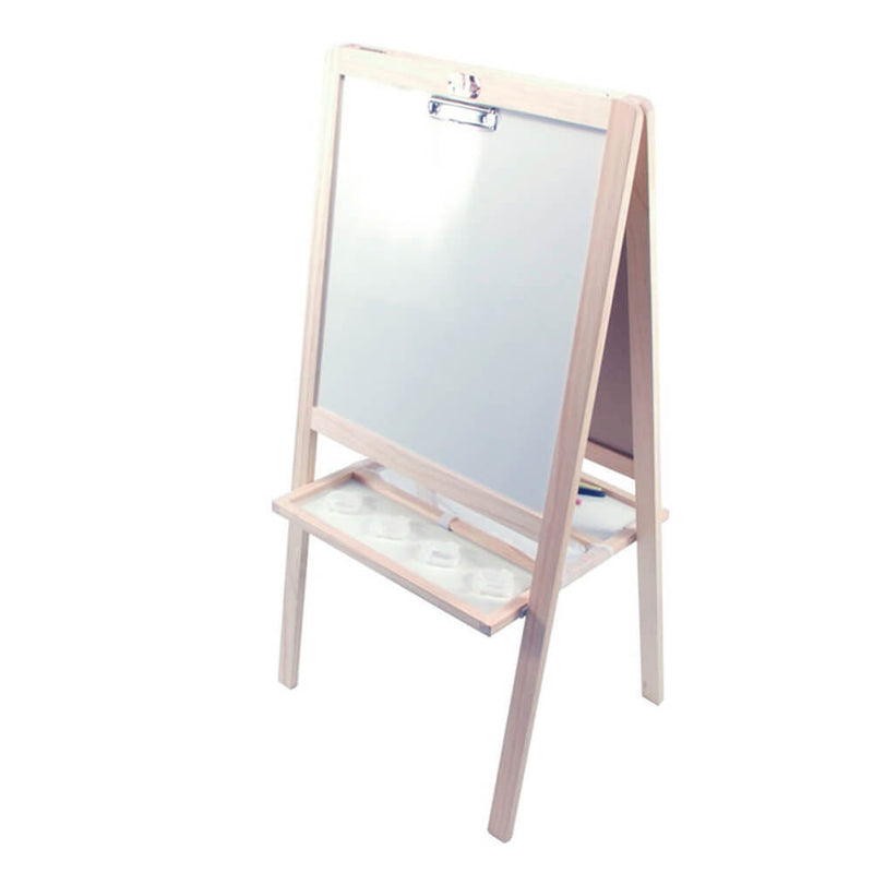 The Tikk Tokk Little Boss 4 in 1 Easel by Tikk Tokk features a sturdy wooden frame, whiteboard surface, paper clip, and supply tray—making it perfect for creative kids who love art.