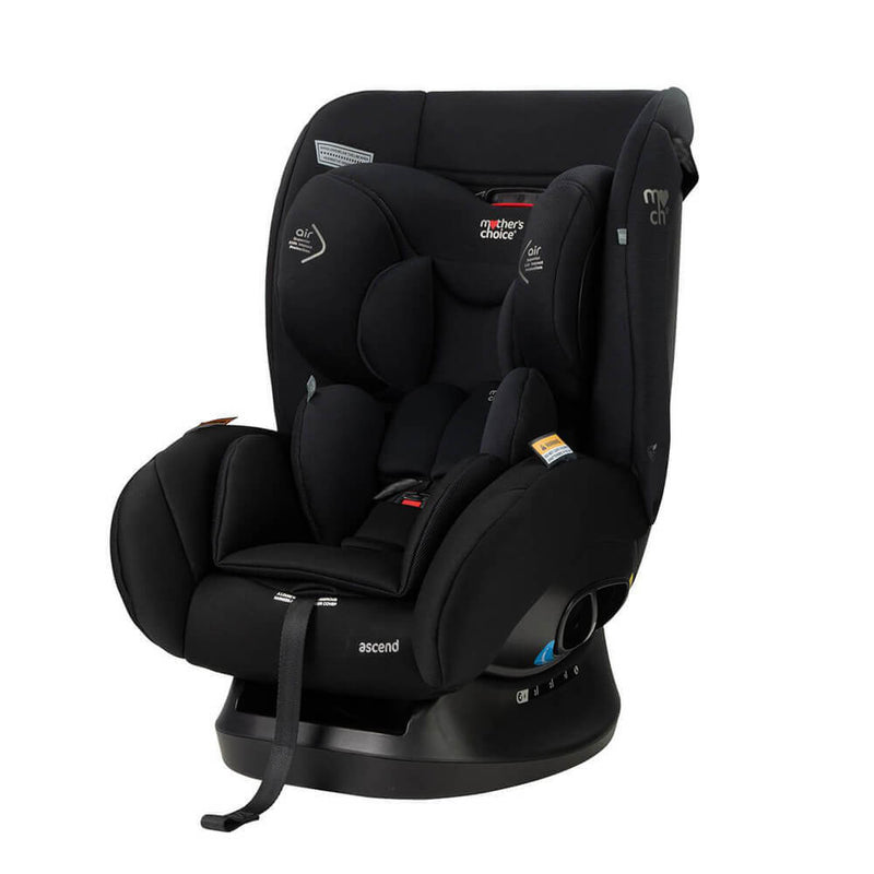 The Mothers Choice Ascend Convertible Car Seat features side impact protection, padded sides, adjustable headrest, harness straps, and base. Suitable for rear- or forward-facing use. Comes in black.