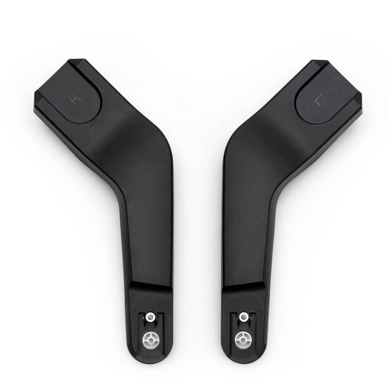 Two black, L-shaped plastic Bugaboo Butterfly Car Seat Adaptors labeled "R" and "L" for right and left, featuring screw attachment points, are placed side by side on a white background. Brand: Bugaboo.