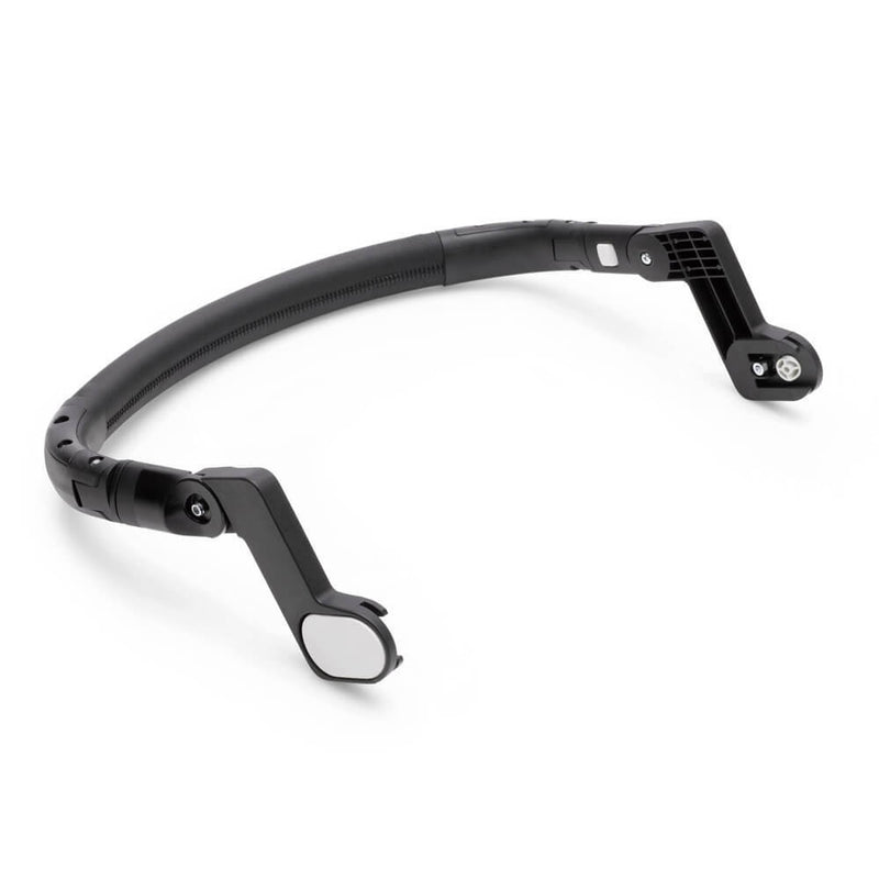 The Bugaboo Butterfly Bumper Bar by Bugaboo is a black, curved plastic and metal stroller accessory with adjustable hinges and mirrored rectangular ends, shown on a white background.