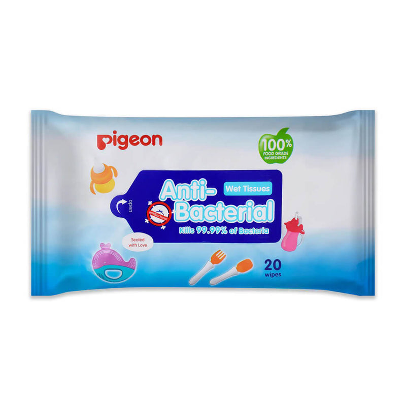 Pigeon Anti Bacterial Wipes 20pk by Pigeon features blue and white packaging with baby items, contains 20 wipes, kills 99.99% of bacteria, and uses 100% food grade ingredients.