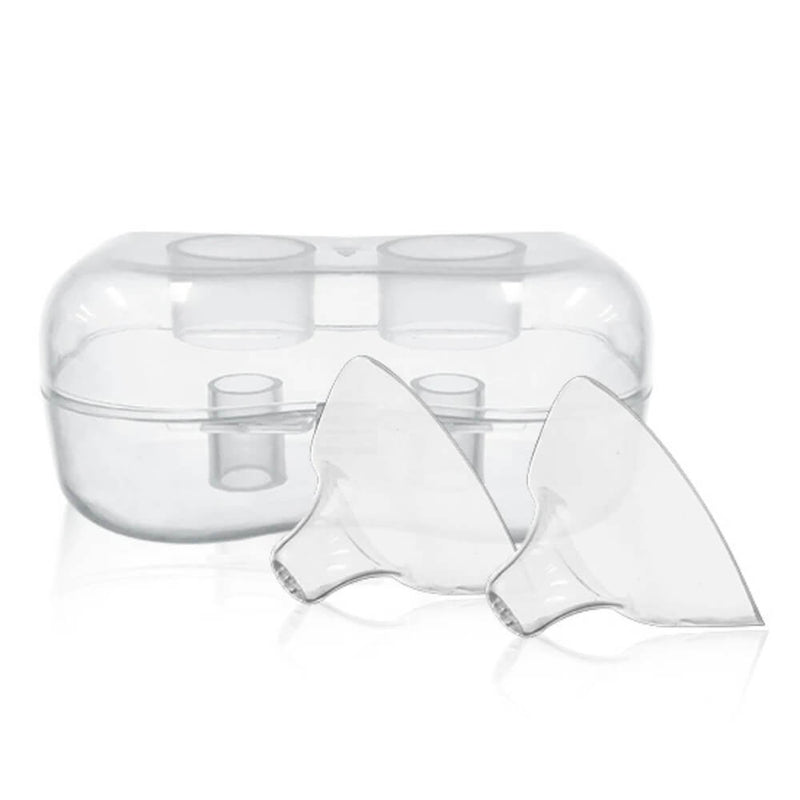 The New Beginnings Nipple Shield 2pk by New Beginnings features two transparent nipple shields in a clear storage case, designed to support pain-free breastfeeding and assist mothers with inverted nipples.