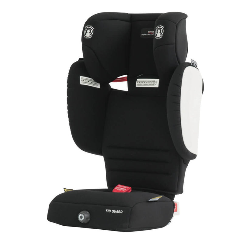 The Britax Safe-n-Sound Kid Guard booster seat, in black and white, features padded side wings, headrest, armrests, anti-submarining technology, and a "KID GUARD" label on the front. The upright seat is shown on a white background.
