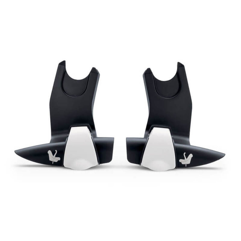 The Bugaboo Adaptor Maxi Cosi Bee3/5/6 is a black and white pair with a bird logo, designed by Bugaboo for smooth transitions from car to stroller—compatible with Maxi Cosi infant car seats.