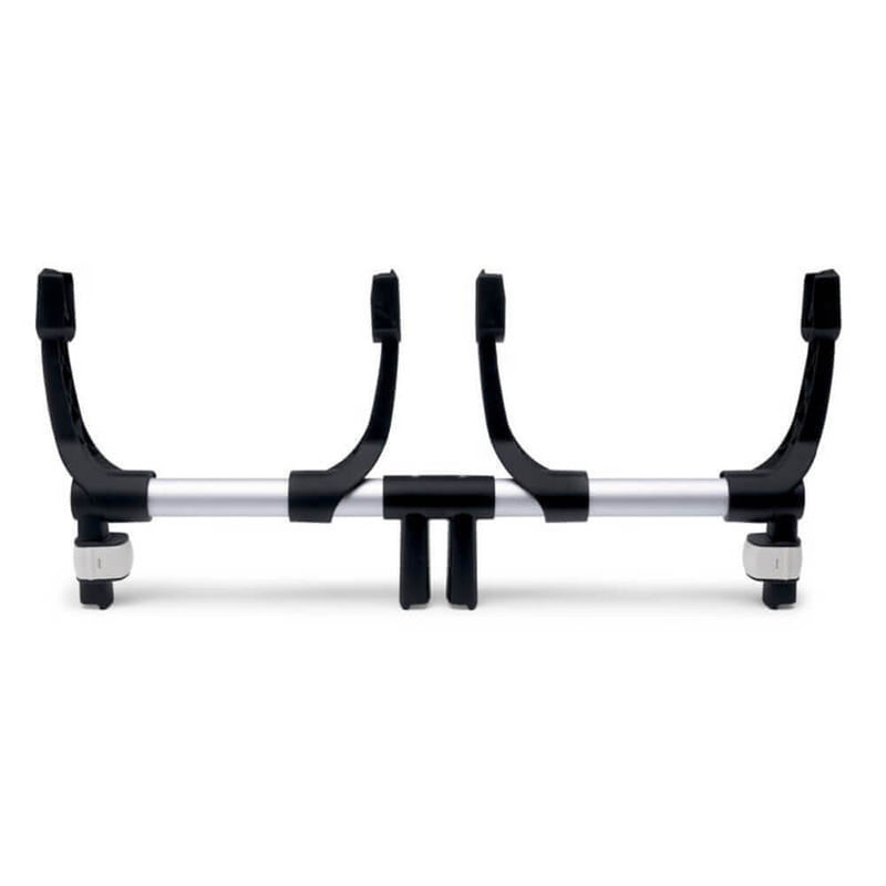 The Bugaboo Adaptor Maxi Cosi Donkey Twin by Bugaboo is a black and silver metal double car seat stroller adapter with four curved arms and adjustable knobs, designed for easy car-to-stroller transitions. Photographed on a white background.