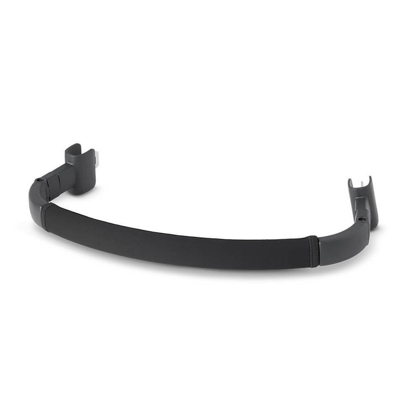 The UPPAbaby Ridge Bumper Bar is a black curved accessory featuring attachment points at both ends, designed to mount onto your stroller for increased safety and child comfort.
