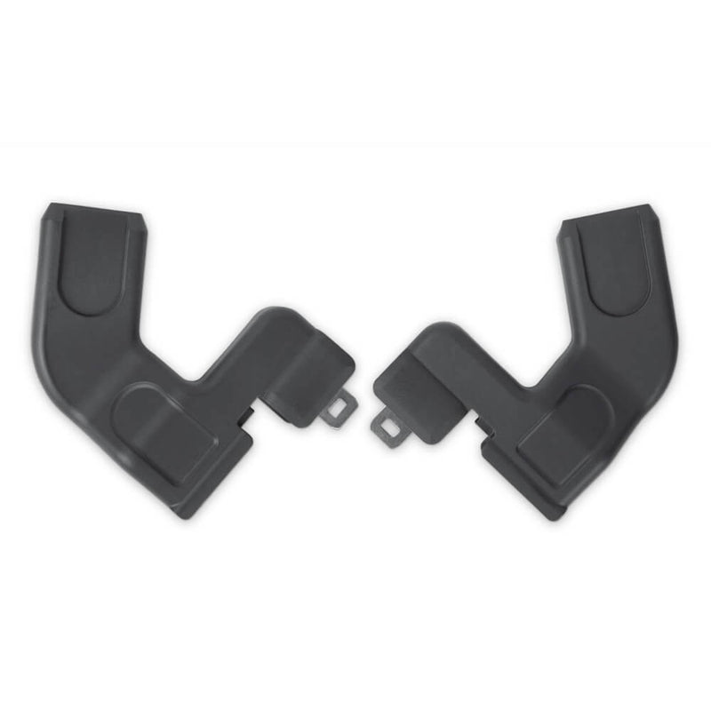 Two black, L-shaped plastic pieces with angular edges and raised sections, positioned symmetrically on a white background—these UPPAbaby Ridge Car Seat Adapters allow for easy Maxi-Cosi, Nuna, and Joie infant car seat attachment.