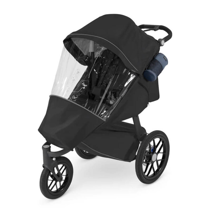 The UPPAbaby Ridge Performance Rain Shield is a black, three-wheeled UPPAbaby stroller with large rear wheels and a cup holder on the handle.