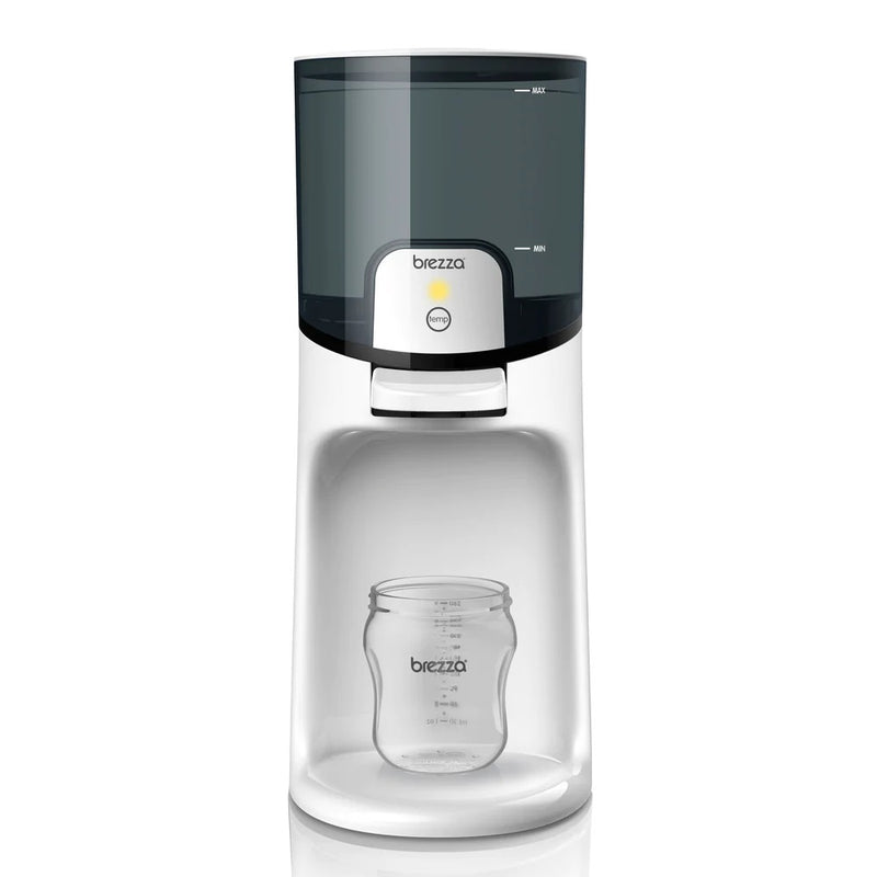 The Baby Brezza Instant Bottle Warmer features a black and clear water reservoir, a central control panel, and includes a clear Baby Brezza baby bottle to provide warm water on demand for every feeding.
