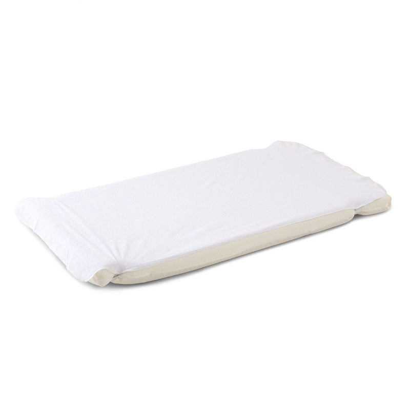 The BabyRest Portacot Mattress Protector by BabyRest features a soft, cushioned rectangular design with a waterproof membrane, white fitted cover, and gently raised rounded edges on the short sides for support.