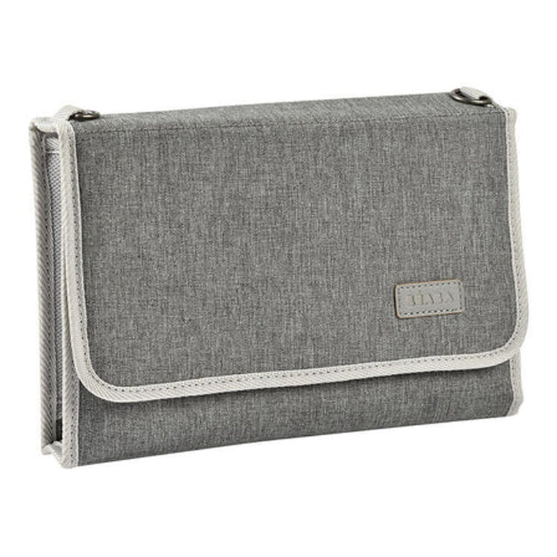 The Beaba On The Go Changing Pouch by Beaba is a gray fabric essentials pouch with flap closure, light trim, and a front label. Its minimalist design makes it perfect as a portable changing mat for outings.