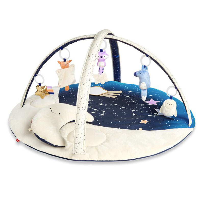The Skip Hop Celestial Dreams Activity Gym features a round mat with a starry night theme, soft arches, plush animal and star toys, and a smiling moon tummy time pillow—perfect for engaging your baby.