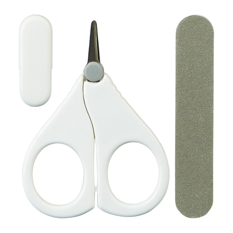 Mininor Baby Nail Scissors with a safety cover are displayed alongside a gray baby nail file, both from Mininor, neatly arranged on a white background for safe baby nail care.