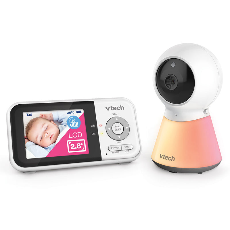 The VTech BM3350N 2.8" Video & Audio Baby Monitor by VTech features a display screen showing a sleeping baby, temperature reading, and night vision, with a matching camera unit in white and gradient pink-orange.