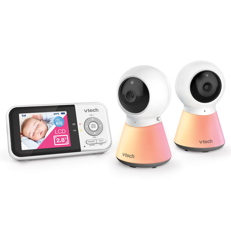 The VTech BM3350N 2.8" Video & Audio Baby Monitor set features a handheld LCD screen displaying a sleeping baby and includes two white-and-pink gradient cameras.