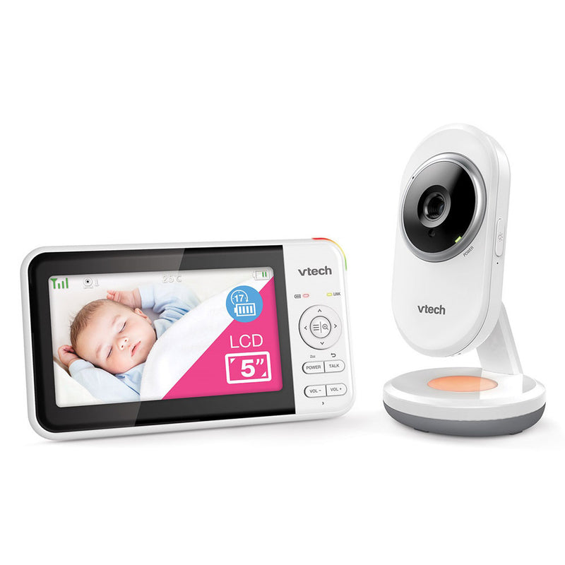 The VTech BM5250N 5" Video & Audio Baby Monitor includes a camera on a stand, night vision, and a handheld screen that clearly displays your sleeping baby on its crisp 5-inch LCD display.