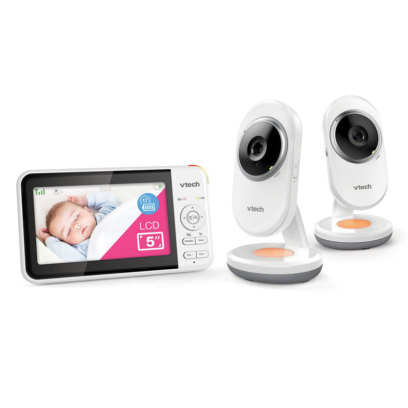 The VTech BM5250N 5" 2 Camera Video & Audio Baby Monitor by Vtech features a handheld screen displaying a sleeping baby and comes with two white camera units on stands, highlighted by its 5-inch LCD display.