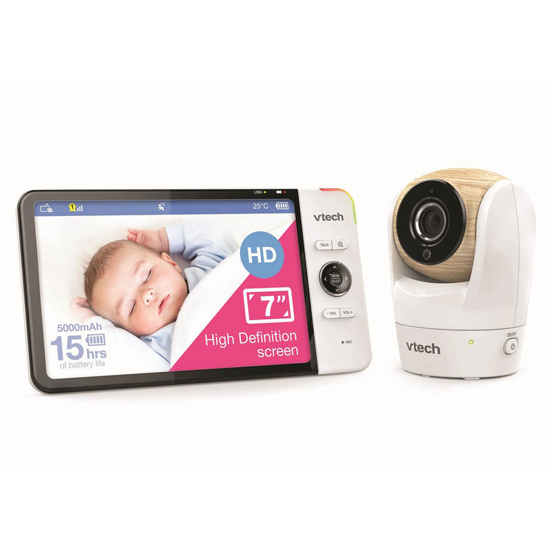 The VTech BM7750HD 7" Pan & Tilt Video & Audio Baby Monitor features a white camera, HD screen showing a sleeping baby, battery info, and side controls—ideal for peace of mind.