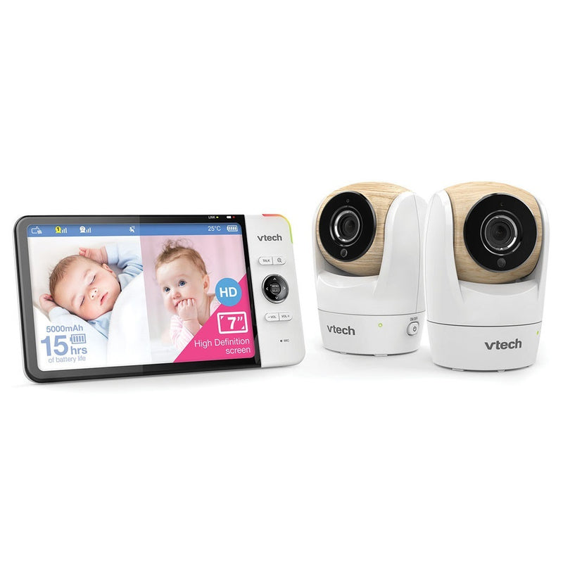 The VTech BM7750HD 7" 2 Camera Pan & Tilt Video & Audio Baby Monitor by VTech features a digital screen showing a sleeping baby and two white cameras with wood accents for remote monitoring.