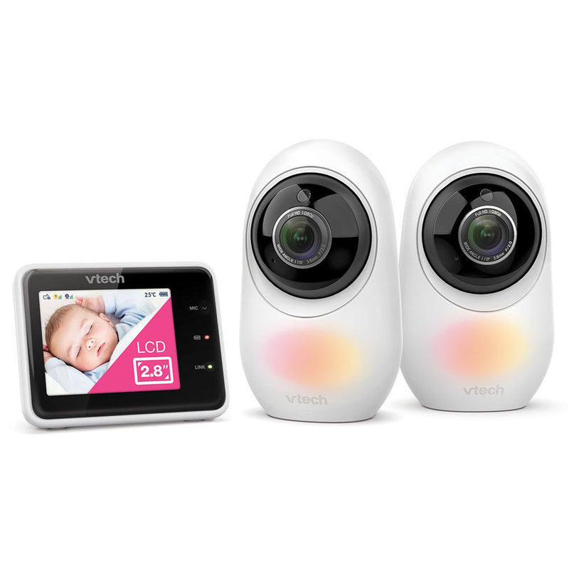 The VTech RM2751 2 Camera HD 2.8" Video Monitor With Remote Access includes two white cameras and an LCD screen, offering advanced monitoring features, lenses with light, and remote access for added peace of mind.