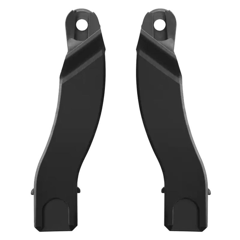 Two identical black Maxi Cosi Jaya Stroller Adapters, each with a curved design and hole near the top, are shown side by side on a white background. These adapters let you securely attach your baby car seat to the Maxi Cosi Jaya stroller.