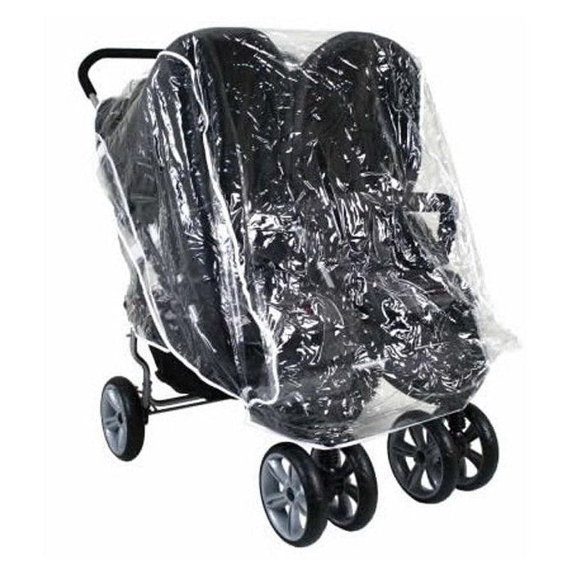 The Vee Bee Side By Side Storm Cover by Vee Bee protects two seats and four double wheels of your double stroller, keeping them shielded on a white background.