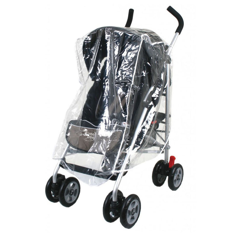 The Vee Bee Universal Storm Cover by Vee Bee is shown fitted on a black stroller with four double wheels and black handles, featuring a transparent rain cover, all set against a white background.