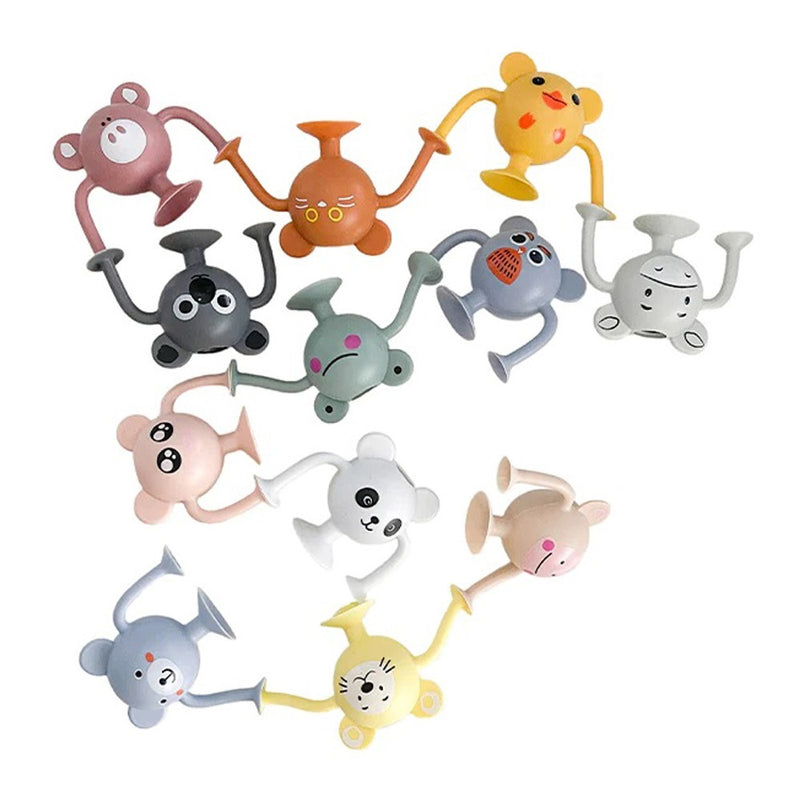 Cherub Baby Silicone Suction Toddler Bath Toys by Cherub Baby feature playful bear, panda, and mouse designs with cute faces and two arms. Each colorful toy has a suction cup for bath-time fun, shown arranged in a circle on a white background.