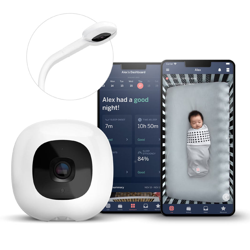 The Nanit Pro Baby Monitor & Floor Stand V2 by Nanit features a smart camera, flexible floor stand, and app with detailed sleep tracking stats, showing your swaddled baby sleeping—all in one advanced monitoring system.