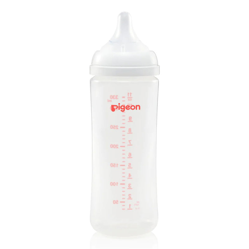 The Pigeon Softouch III Bottle PP 330ml is a clear plastic baby bottle with a white cap and nipple, red measurement markings, and "Pigeon" branding near the top, designed to support gentle breastfeeding and help prevent colic.
