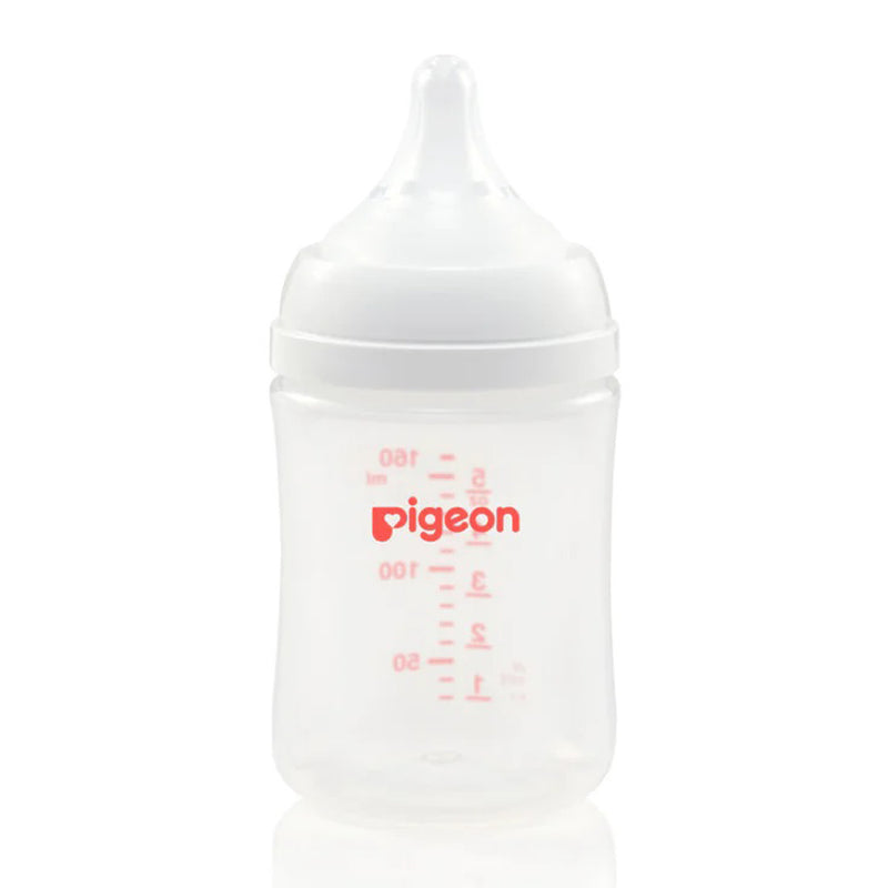 The Pigeon Softouch III Bottle PP 160ml is a clear plastic bottle with a white cap, red measurement markings, and "Pigeon" in red—designed to support breastfeeding and reduce colic.