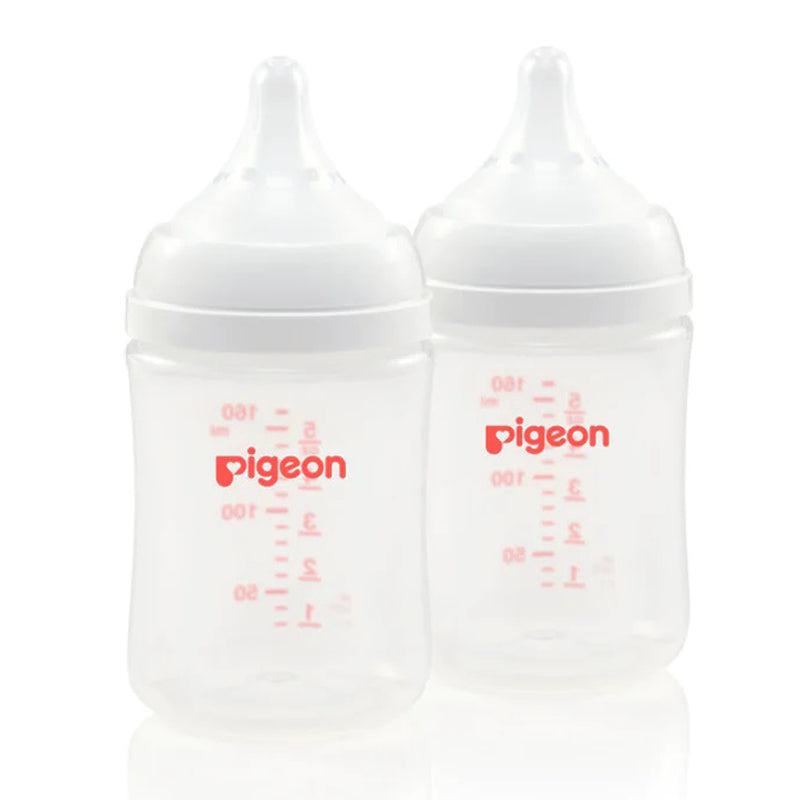 The Pigeon Softouch III Bottle PP Twin Pack 160ml includes two clear bottles with white lids and nipples, red measurement lines, and the Pigeon logo. These anti-colic bottles stand upright, providing reliable breastfeeding support.