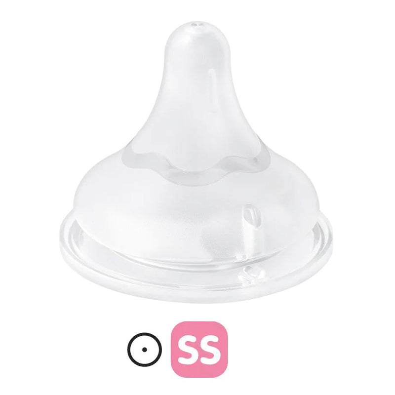 The Pigeon Softouch III Peristaltic Plus Teat SS 1pc is a transparent silicone nipple with a small round opening, shown above a pink square with "SS," ideal for newborns and compatible with Pigeon anti-colic nursing bottles.